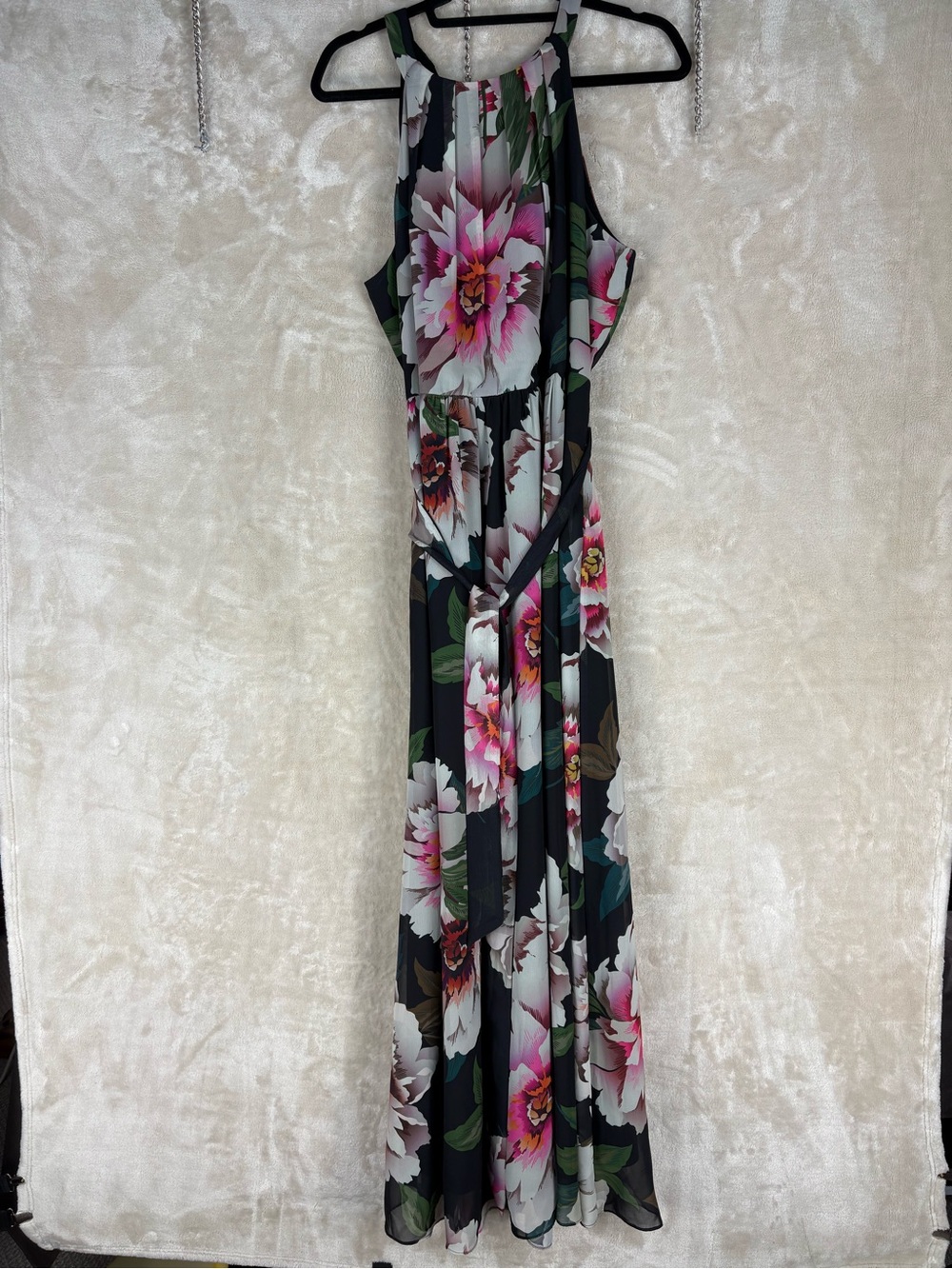 Halter Floral Maxi Dress - Black with Pink & White Blooms